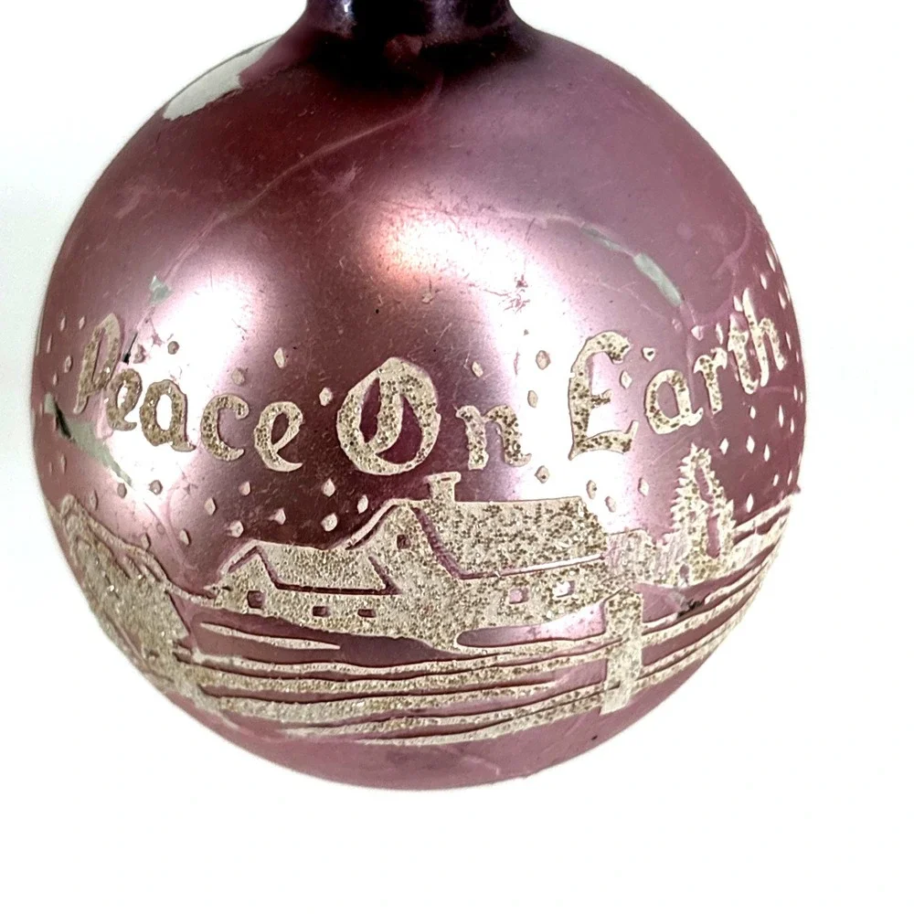 Vintage Shiny Brite Peace On‎ Earth Farm Stencil Lilac Glass Christmas Ornament